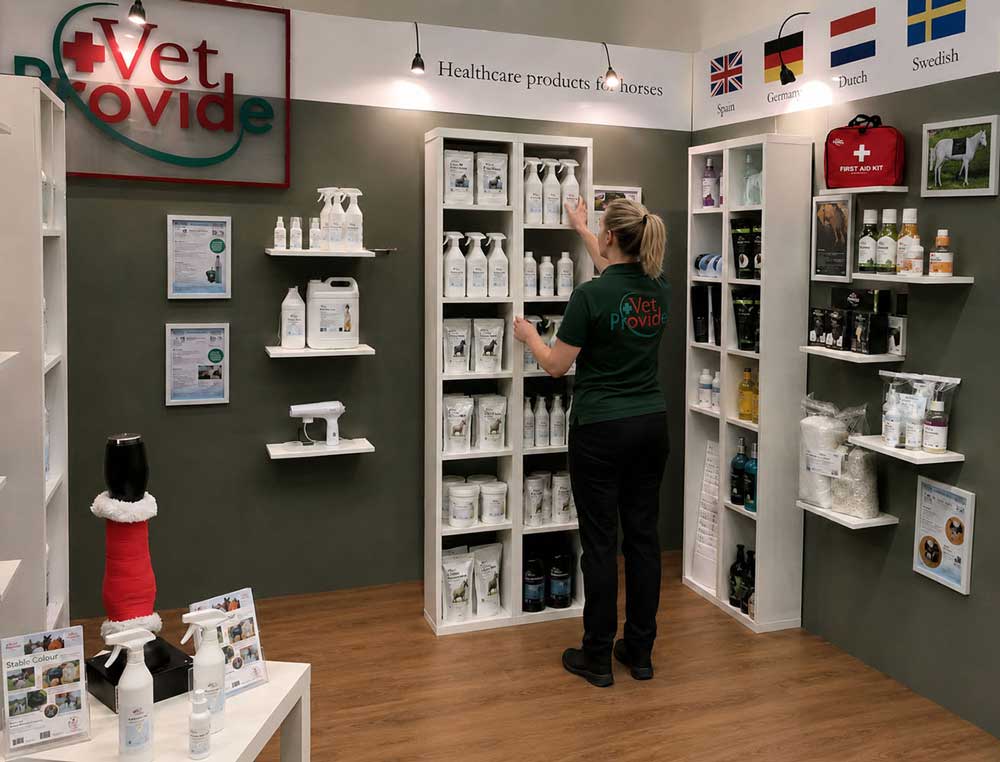 Vet Provide Messestand mit Gesundheitsprodukten für Pferde.